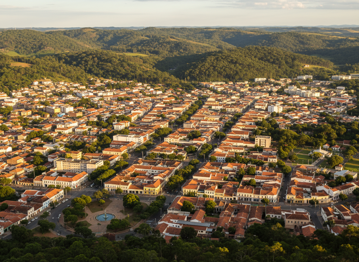 A wide panoramic photographic view of the city of Garanhuns nestled among rolling green hills, with the urban area in the mid-ground and lush Atlantic Forest in the background. Colorful low-rise buildings with red-tiled roofs cluster along gently curving streets, while small plazas and tree-lined avenues break up the cityscape. Soft late-afternoon light bathes the scene in a warm, golden glow, enhancing the rich greens and earthy tones. Captured from an elevated vantage point with sharp focus throughout, the composition emphasizes the contrast between urban development and surrounding nature. The atmosphere is inviting and professional, ideal to represent tourism promotion in Garanhuns, with clean photographic realism and a clear, cloud-dappled sky that suggests a pleasant, temperate climate.