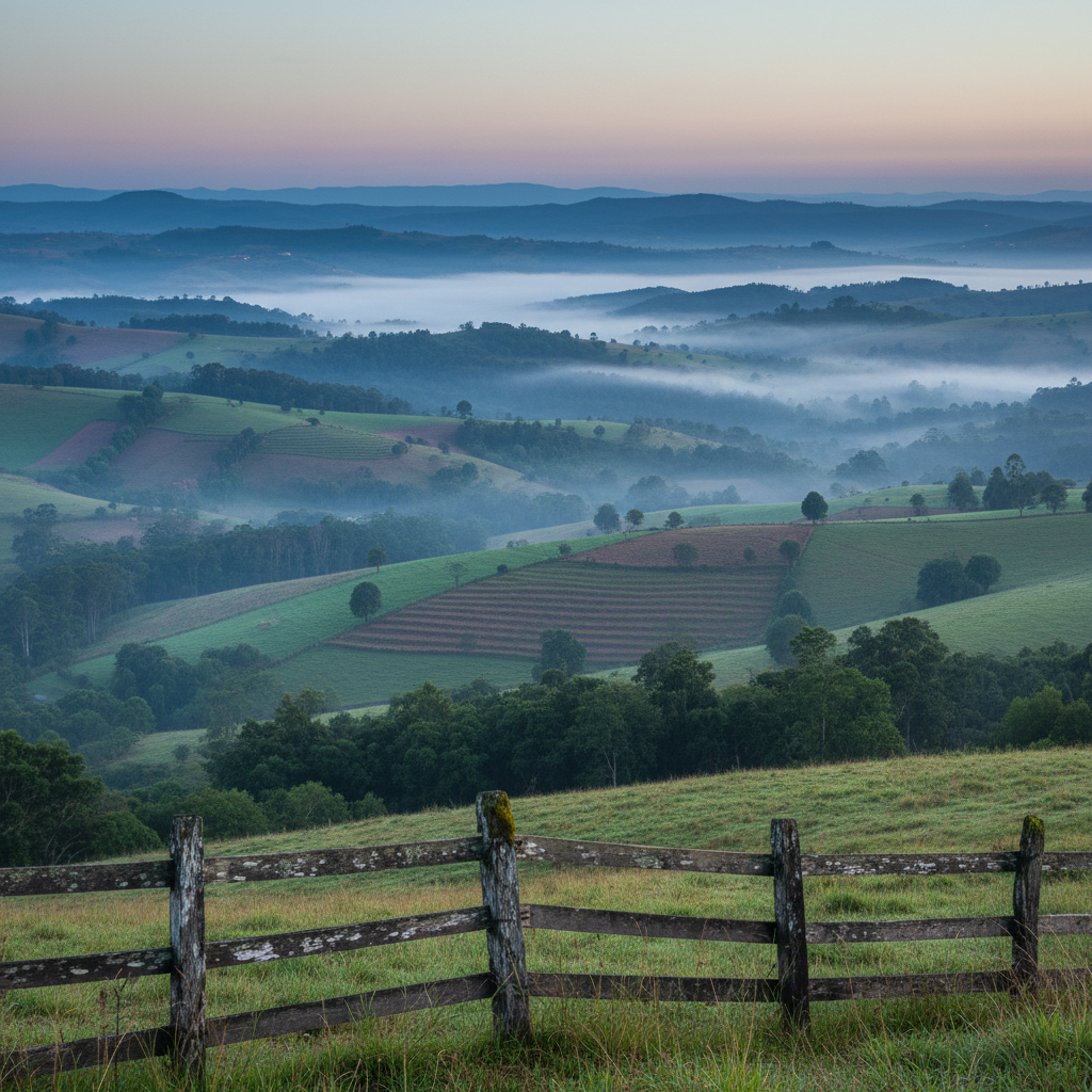 A misty early-morning photographic view of rolling hills in the rural region around Garanhuns, covered with patchworks of small farms, green pastures, and pockets of preserved forest. Soft layers of fog drift through the valleys, partially veiling distant ridgelines and creating a sense of depth. In the foreground, a rustic wooden fence with weathered texture runs diagonally, guiding the eye into the landscape. Cool, bluish dawn light gently illuminates the scene, with subtle highlights on dew-covered grass and muted pastel tones in the sky. Shot from a slightly elevated vantage point with sharp focus from foreground to background, the composition conveys tranquility, natural beauty, and the mild highland climate that distinguishes the region as a nature-oriented tourism destination.