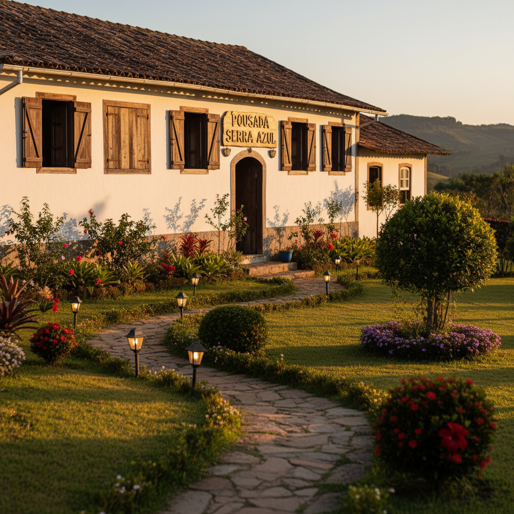 A crisp photographic view of a charming regional pousada exterior in the countryside around Garanhuns, with a whitewashed facade, dark wooden shutters, and a terracotta-tiled roof. The building is surrounded by lush, well-kept gardens featuring native plants, colorful flowers, and small ornamental shrubs. A stone pathway lined with low lantern-style lights curves toward the entrance, where a neatly carved wooden sign displays the pousada’s name in Portuguese. Warm golden-hour sunlight casts long, soft shadows across the lawn and creates a gentle glow on the walls. Shot from a slightly low, three-quarter angle, the image emphasizes both the architecture and the garden setting. The mood is cozy yet professional, highlighting comfortable, quality rural accommodation that appeals to travelers exploring the Garanhuns region.