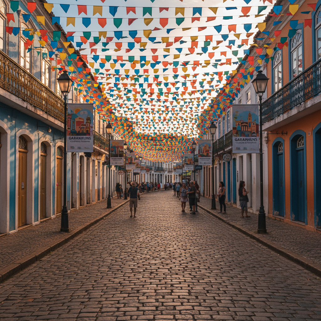 A vibrant photographic scene of a traditional street in Garanhuns decorated for a local cultural festival, with colorful triangular flags strung overhead in dense rows, creating a canopy of bright reds, blues, yellows, and greens. The cobblestone pavement below shows subtle wear and texture, and storefronts with painted facades and wooden doors line each side of the street. Banners promoting regional tourism hang neatly between lampposts. Late-afternoon sunlight filters through the flags, casting playful patches of color and soft shadows on the ground and walls. Captured from eye level down the length of the street, the perspective creates depth and leads the viewer’s gaze into the scene. The atmosphere is lively yet orderly, with a professional photographic realism that emphasizes local culture as a key tourism attraction in Garanhuns.