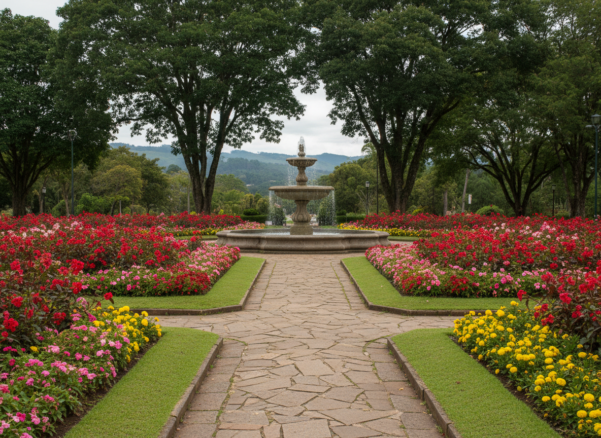 A serene photographic scene of a landscaped park in Garanhuns during the cool season, featuring manicured flowerbeds filled with vibrant seasonal blooms in reds, pinks, and yellows. A curving stone path with neatly trimmed grass edges leads through the park toward a small, elegant water fountain at the center, its clear water cascading gently. Tall, deep-green trees frame the background, with distant hills barely visible. Soft overcast daylight creates even, diffused illumination, bringing out natural colors without harsh shadows. Captured at eye level with the path leading in from the bottom third of the frame, the composition invites the viewer to explore. The overall mood is peaceful and welcoming, conveying the refreshing climate and garden-city charm that define tourism in Garanhuns.