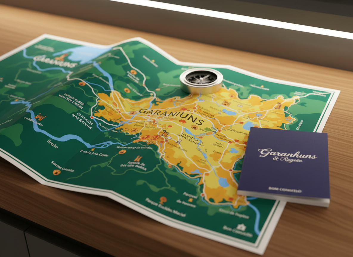 A detailed photographic close-up of a tourism information desk map of Garanhuns and surrounding region, spread across a smooth wooden counter with a subtle matte finish. The colorful map highlights major attractions, green areas, and nearby towns with crisp typography and distinct icons. Next to it lies a small, closed navy-blue travel guidebook labeled “Garanhuns & Região” in elegant white lettering, and a metallic compass resting at a slight angle. Soft, diffused indoor lighting from overhead fixtures creates gentle reflections on the compass and mild shadows along the map folds. Shot from a slightly elevated angle with shallow depth of field, the focus stays on the central map details. The mood is professional and informative, supporting a clean, modern travel-planning aesthetic.